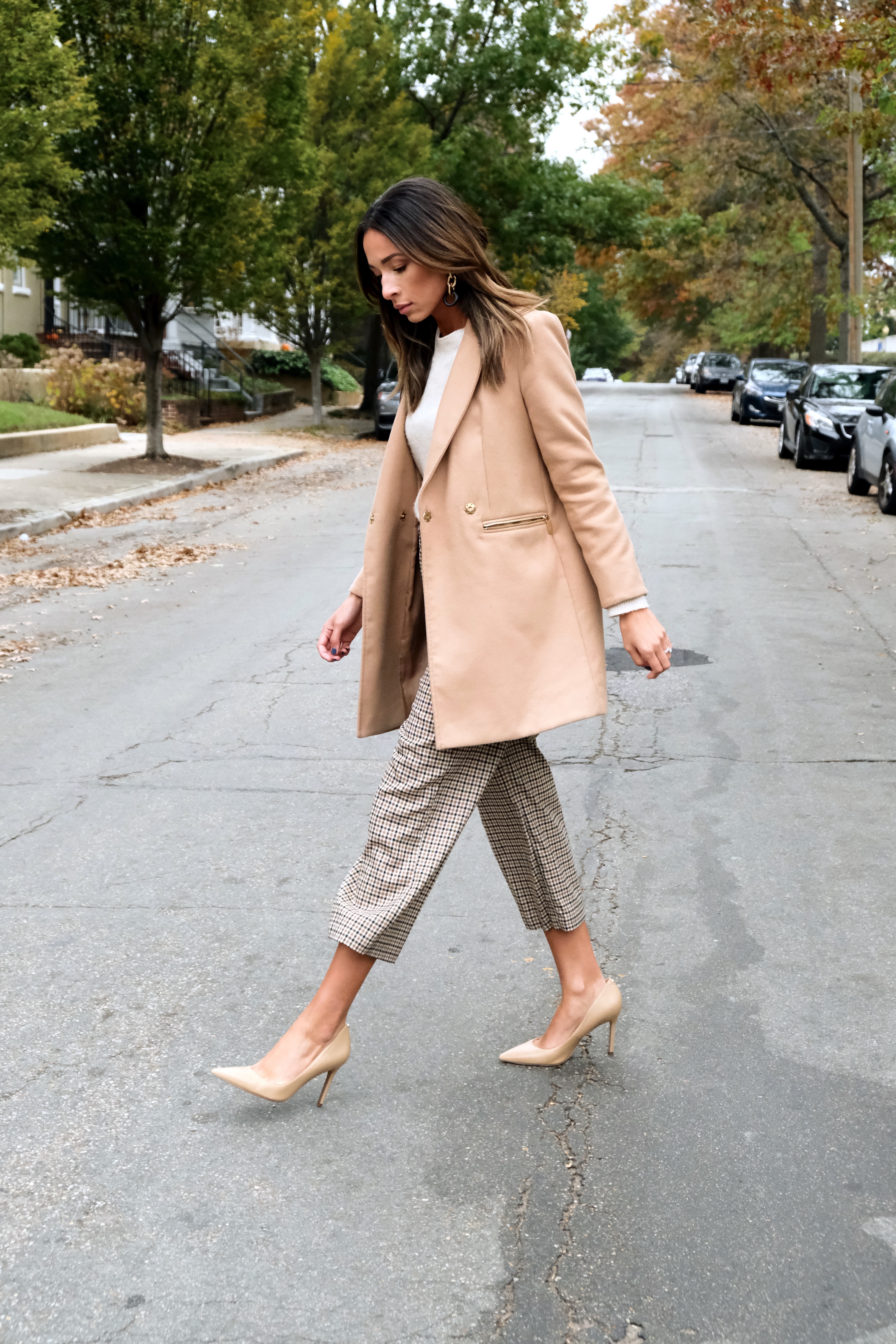 plaid wide leg pant with tan coat